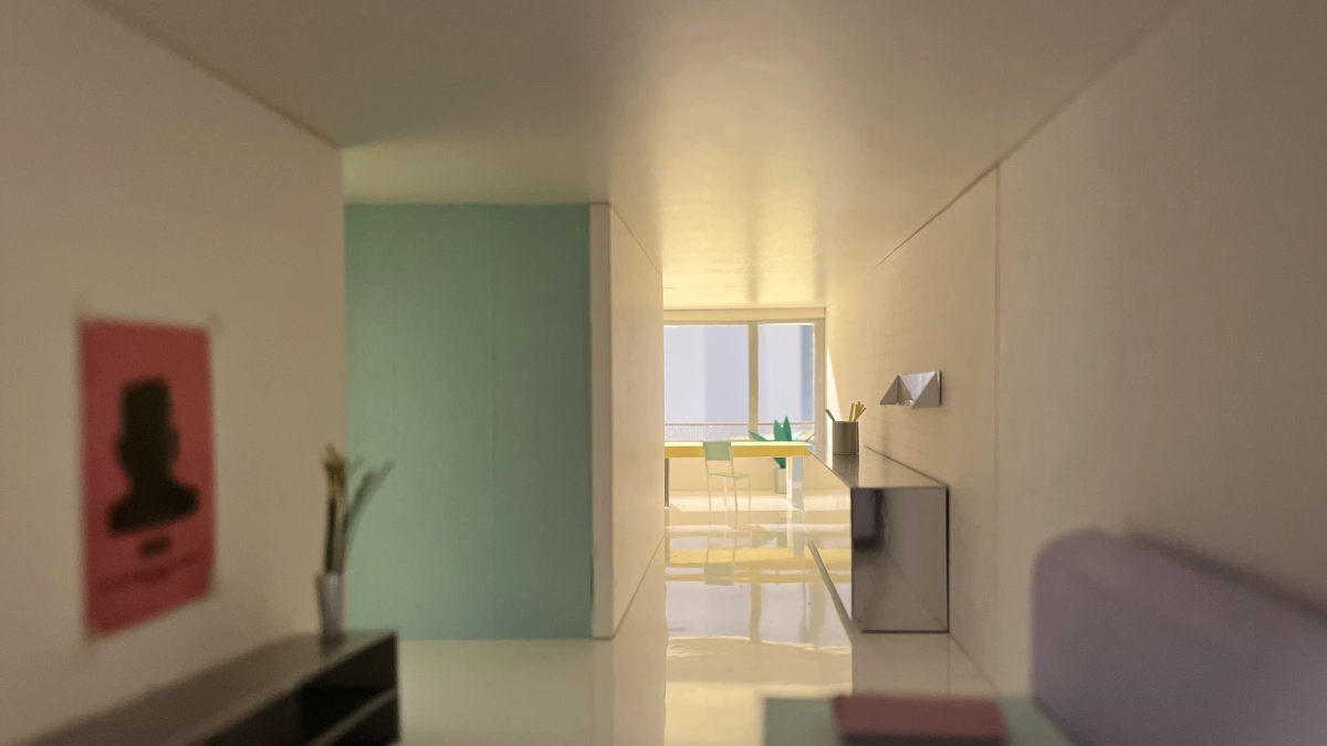 Wohnungsbau Neubau durchgesteckte Wohnung Brandwand Berlin Wedding Wohnkonzept Innenraummodell Architekturmodell Modellfoto Küche